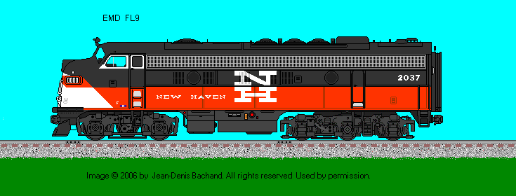 Drawing of New Haven FL9 #2037 in a black, orange and white colors